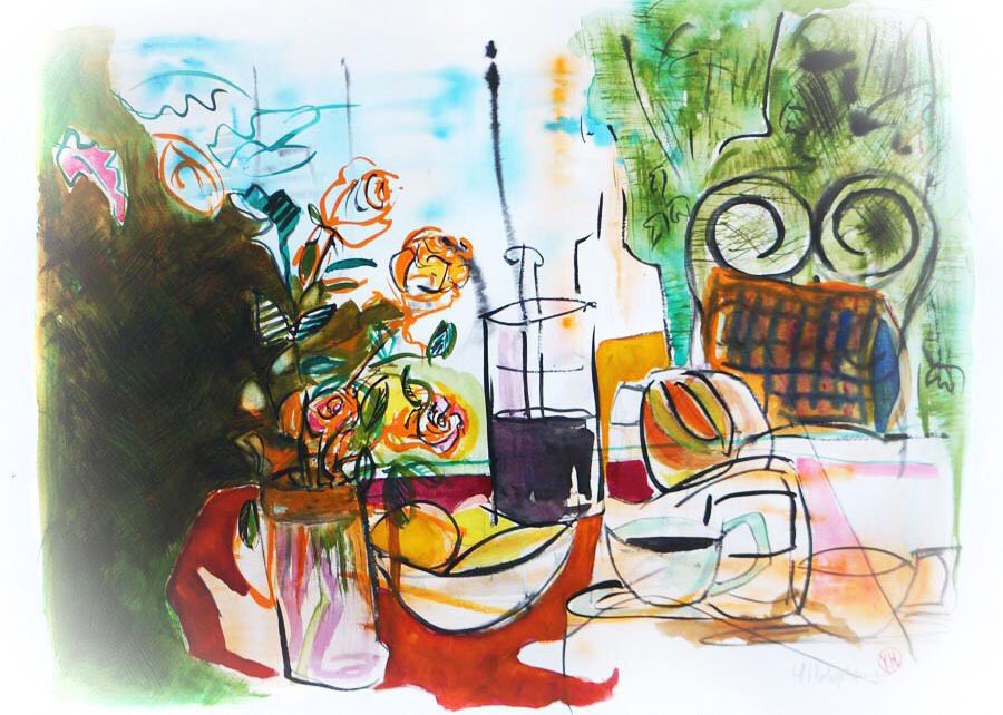 HOLOPHERNE-Yvelise-2020-Petit déjeuner au soleil-Aquarelle-65-50-0