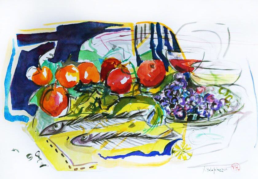 HOLOPHERNE-Yvelise-2022-Nature morte aux poissons, vanité-Aquarelle-42-30-0